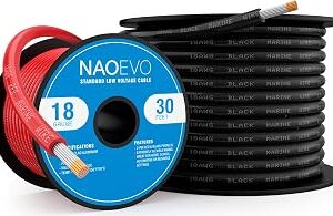 NAOEVO 18 Gauge Marine Wire, 18 AWG Tinned Copper PVC Marine Grade Wire, IP68 Waterproof/Corrosion-Resistant Electrical Cable for Boat, RV, Automotive, Solar, Trolling Motor (30 ft Black + 30 ft Red)