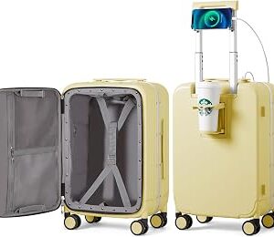 mixi Carry On Luggage with Cup Phone Holder and Charger Hard Shell Suitcases with Spinner Wheels,20 Inch Lark Yellow