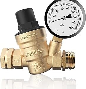RVGUARD RV Water Pressure Regulator Valve, CSA Approved, Lead-Free Brass Adjustable Water Pressure Reducer with Gauge and Inlet Screen Filter for RV Camper Travel Trailer