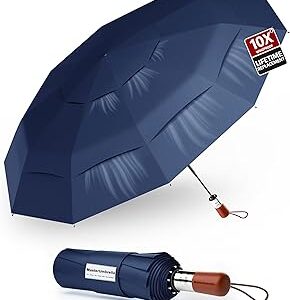 Windproof Folding Commuter Umbrella for Strong Wind & Rain, 10-Rib Reinforced Frame, 3-Layer Vented Canopy, Auto Open/Close, 47 Coverage for 1–2 People, Wooden Handle, 13 Folded, Lifetime Replacement