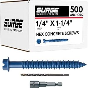 1/4 x 1-1/4 Hex Head Blue Concrete Screw Anchor with Drill Bit & Driver (Box of 500) | Masonry Screws for Concrete, Block, and Brick