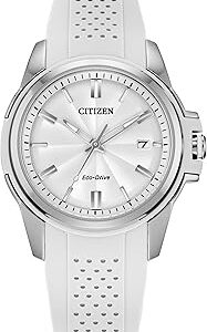 Citizen Ladies' Eco-Drive Classic Silver Stainless Steel 3 Hand Watch with White Rubber Strap,White Dial (Model:FE6131-04A)