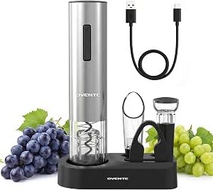 OVENTE Electric Wine Opener Set, Rechargeable Cordless Wine Corkscrew with Charging Base, Foil Cutter, Pourer and Vacuum Stopper, Ideal for Home Bar, Outdoor Parties and Christmas Gift, Silver WBR446S