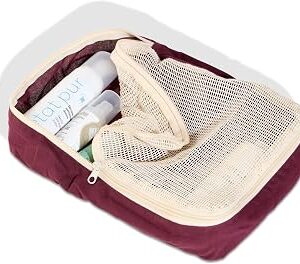 Foldable Mesh Travel Makeup Bag – Lightweight Organizer with Durable Canvas Base, Wide Zipper Opening, 7 Color Options, Compact & Breathable Cosmetic Pouch (burgundy)