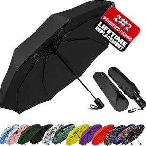 SIEPASA Compact Travel Umbrella - Windproof Auto Open/Close, Small Folding Umbrella for Rain - Lightweight & Durable with Fiberglass Frame, Waterproof Canopy - Fits Backpack, Purse, Suitcase. (Black)