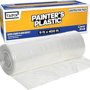 Painter's Plastic Film, 400' Length x 9' Width High, High Density Painters Plastic Sheeting Roll in Box with Dispense Hole for Easy Paint Plastic Covering
