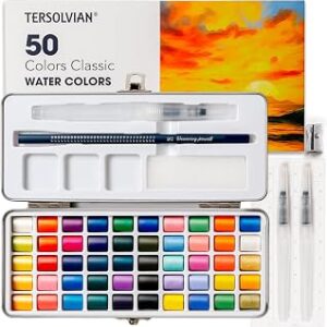 TERSOLVIAN 50 Colors Watercolor Paint Set - Portable Travel Art Kit, Includes Fine Detail Paint Brush, Premium Water Color Painting Supplies for Adults, Professionals, and Beginners Art Gift Idea
