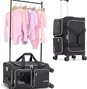 Fanwoli 23 Dance Bag with Garment Rack 4 Wheels | Detachable 360° Wheels | Ultra-Light Collection | Ideal Competition Duffle Bag for Dream, Black with Pink Trim