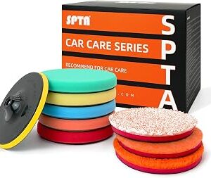 SPTA 9Pcs Polishing Pads Kit, 7 Inches Large Size Buffing Pads, Car Foam Buffing Sponge Pads Kit with 5/8-11 Backing Plate for Car Care Polisher Boat Waxing, Polishing, Sealing Glaze