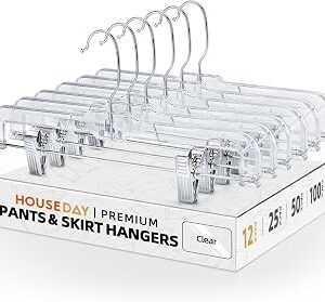 HOUSE DAY 12 Pack 14 inch Clear Plastic Skirt Hangers with Adjustable Clips, Pants Hangers 360-Rotating Swivel Hook, Clip Hangers for Pants, Trousers, Skirts, Jeans, Bulk Plastic Hangers