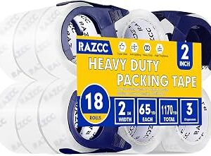 RAZCC Clear Packing Tape, 18 Rolls Heavy Duty Packaging Tape with Dispensers for Packing Shipping Moving and Sealing, Thicker Packing Tape-2 x 65 Yards Per Roll, 1170 Total Yards