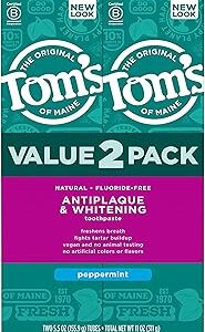 Tom's of Maine Fluoride-Free Antiplaque & Whitening Natural Toothpaste, Peppermint, 5.5 oz. (Pack of 2)
