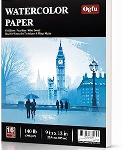 Ogfu Watercolor Paper Pad 9x12, 140lb/300gsm Cold Press Water Color Paper Pad, Acid-Free Watercolor Paper for Beginners, Students, Art Class, Paper for Watercolor Painting, Drawing & Art Supplies.