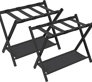 SONGMICS Luggage Racks for Guest Room, Set of 2, Suitcase Stand with Storage Shelf, Steel Frame, Foldable for Easy Storage, Hotel, Bedroom, Black URLR003B02