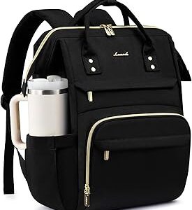LOVEVOOK Laptop Backpack for Women with Giant Tumbler Holder Pocket,15.6 inch Waterproof Travel Backpack Purse Computer Laptop Bag,Professional Work College Nurse Teacher Backpack Casual Daypack,Black
