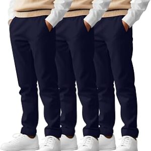 3 Pack Boys' School Uniform Pants 6-14Y Elastic Waist Stretch Youth Trousers with Pockets Straight Fit for Kids