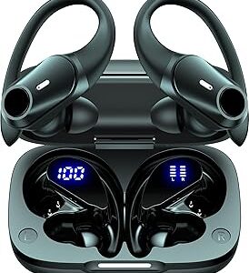 Active Noise Cancelling Wireless Earbuds Bluetooth Headphones 80H Playtime Ear Buds with Power Display Case Hi-Res Sound & Clear Calls Over Ear Hooks Earphones for Sports Running Gym Workout Black
