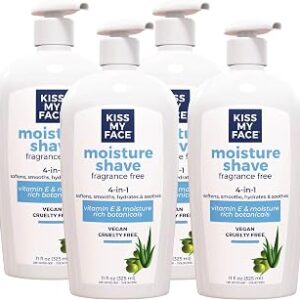 Kiss My Face Moisture Shave Cream, Fragrance Free Shaving Cream for Men and Women, 11 oz Pump Bottle, 4 Pack (Packaging May Vary)