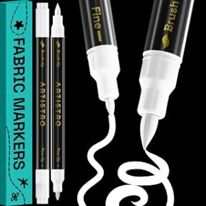 ARTISTRO 2 White Dual-Tip Fabric Markers - Fabric Decorating Kit - Permanent for Clothes - Acrylic Paint Pens for Sneakers, Bags, Shoes, Textile, Canvas, Sewing, Craft, DIY - Brush and Fine Tip