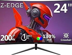 Z-Edge 24 inch Gaming Monitor, 200Hz 165Hz Curved 1650R Computer Monitor, FHD 1080P, Ultra-Fast MPRT 1ms Curved Monitor, 300nits, 16.7M Colors, UG24 1X DP 1.4 Port and 1X 2.0 HDMI Port