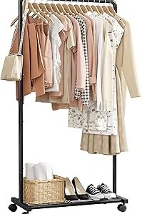 Sakugi Clothes Rack - Clothing Rack with Storage Mesh Shelf & Casters, Heavy-Duty Metal Clothing Rack for Hanging Clothes, Dresses, Coats, Large Load Capacity, Easy Assembly, Black, 28.0x16.9x59.0