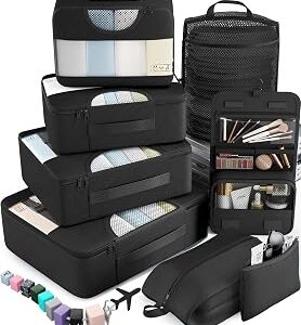 Veken 10 Set/8 Set Packing Cubes for Travel Essentials, Suitcase Organizer Bags in 4 Sizes, Carry-On Luggage Accessories with Laundry & Toiletry Bag, Airplane Must-Have, Road Trip & Camp Gifts for Men