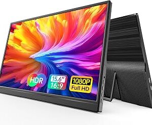 WGK 15.6 inch Portable Monitor 1080P FHD Travel Display HDMI/USB-C Compatible with Laptops, Desktops, Phones, PS, Mac, Xbox, Switch, and Other Gaming Devices Includes Stand and Speakers VESA