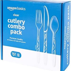 Amazon Basics Disposable Clear Assorted Cutlery Set, Premium Quality, 192 Count, Large Combo Pack Forks, Spoon and Knives