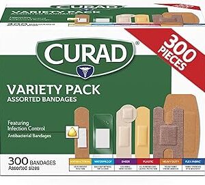 CURAD Assorted Bandages Variety Pack, 300 Count, 6 Styles Including Antibacterial, Waterproof, Sheer, Plastic, Heavy Duty & Flex-Fabric, Protects Scrapes, Cuts & Burns, Latex-Free