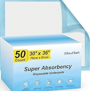 Wowflash Super Absorbency Disposable Leakproof Underpads with Quick Drying for Baby, Adults, Puppy, Dog Bed Pee Pads, Extra Large, XXL Incontinence Pads, 30” x 36”, 50 Count