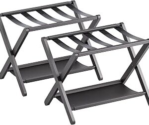 Luggage Rack, Set of 2, Folding Suitcase Stand with Storage Shelf, Premium Bamboo Luggage Holder for Guest Room, Bedroom, Hotel, Closet, Holds up to 135 lb (Black)