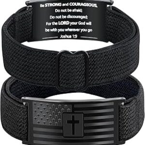 Mens Bracelet - American Flag Christian Cross Bracelet for Boys - Adjustable Black Elastic Stretch Strap with Bible Verse - Gift for Son Grandson