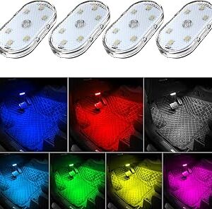 4Pcs Car LED Lights Interior Wireless, 7 Colors Interior Car Lights with 6 Bright LED Lamp Beads, Portable USB Rechargeable Car Interior Led Night Light for Car Decor