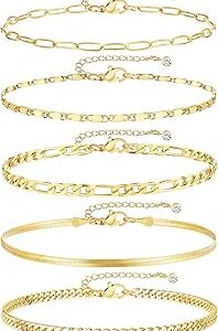 iF YOU Gold Ankle Bracelets for Women, 14k Gold Plated Waterproof Cuban Link Chain Anklets Set, Layered Anklet Bracelets for Women Beach Gift Adjustable Size 5pc