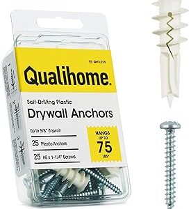 #8 Self Drilling Drywall Plastic Anchors with Screws - No Pre Drill Hole Preparation Required - 75 Lbs (25 Pack)