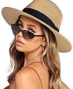 FURTALK Womens Mens Wide Brim Straw Panama Hat Fedora Summer Beach Sun Hats UPF Straw Hat for Women