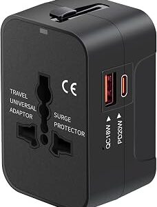 Travel Adapter USB C, Universal All in One Worldwide Travel Adapter Fast Charge GaN PD3.0 Type C USB-A Quick Charging Ports Power Converters Wall Charger AC Power Plug Adapter for USA EU UK AUS Black