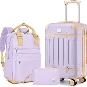 LARVENDER Luggage Sets 3 Piece Expandable Carry on Luggage 22x14x9 Airline Approved Hardshell Suitcase with Wheels TSA Lock, Lightweight Suitcase Set for Women with Travel Backpack, Lavender