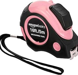 Amazon Basics Retractable Tape Measure with Metric and SAE Measurements, 16ft/5m, Belt Clip, Readable, Pink