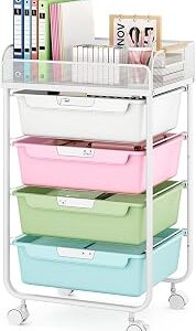 SYKIARIOL Rolling Cart with 4 Drawers,4 Tiers Rolling Utility Cart Craft Cart,Rolling Storage Drawer Cart with Mesh Top,Storage Cart with Drawers & 4 PCS DIY Lable, Classic Colorful