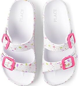 The Children's Place Girls Double Buckle Slip On Slide Sandals, White Paint Splatter