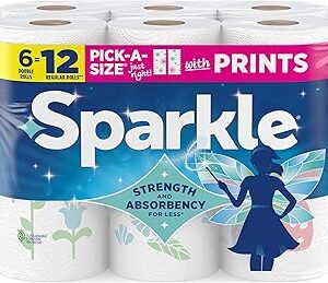 Sparkle Pick-A-Size Paper Towels, Spirited Print Design, 6 Double Rolls (660 Sheets Total) - Strong 2-Ply Towels for Kitchen Cleanup and Everyday Messes
