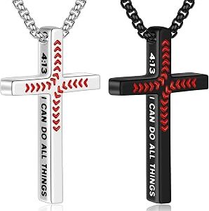 Yoosteel Baseball Cross Necklace for Kids Boy - Bible Verse Cross Pendant Necklaces Black Silver Stainless Steel Chain 18-24 inch Religious Gift for Boys Men