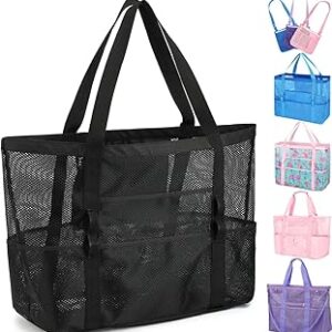 Fammart Mesh Beach Bag, Large Beach Tote with Zipper Pocket, Toys Pool Bag for Family Travel Vacation Cruise Essentials