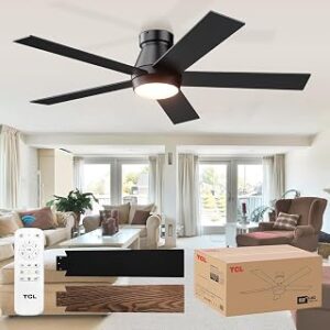 TCL 52 Ceiling Fan with Lights, Black Flush Mount Ceiling Fans with Remote Control, 6 Speeds DC Reversible, Dimmable, Noiseless, Low Profile Ceiling Fans for Bedroom