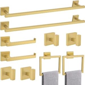 TQKAG Brushed Gold Bathroom Hardware Accessories Set 10 Pieces, 23.6 SUS304 Stainless Steel Towel Bar Set Wall Mounted Includes Single Towel Bar, Towel Ring, Toilet Paper Holder, Double Towel Hooks