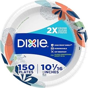 Dixie Large Paper Plates, 10 Inch, 150 Count, 2X Stronger*, Microwave-Safe, Soak-Proof, Cut Resistant, Disposable Plates For Everyday Breakfast, Lunch, & Dinner Meals