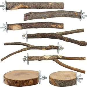 8-Piece Set Natural Wood Bird Perches - Wooden Parrot Stand with Fork Toys, Hanging Multi-Branch Platform, Hammock Swing - Suitable for Parakeets, Budgies - Durable Pet Bird Accessories