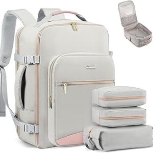 LOVEVOOK Travel Backpack for Women & Men 40L,Airline Approved Carry On Backpack Travel Essentials,TSA Carry on Luggage,Waterproof Personal Item Travel Bag,Suitcase with 3 Packing Cubes,Light gray-Pink