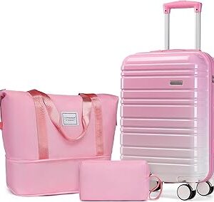 LARVENDER Luggage Sets 3 Piece, 20 Inch Carry on Luggage 22x14x9 Airline Approved Hardside PC+ABS Suitcase Set with Spinner Wheels TSA Lock, Lightweight Luggage Set for Women, Peach Sparkling